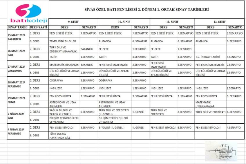2023-2024 EĞİTİM ÖĞRETİM YILI 2.DÖNEM 1. YAZILI TARİHLERİ